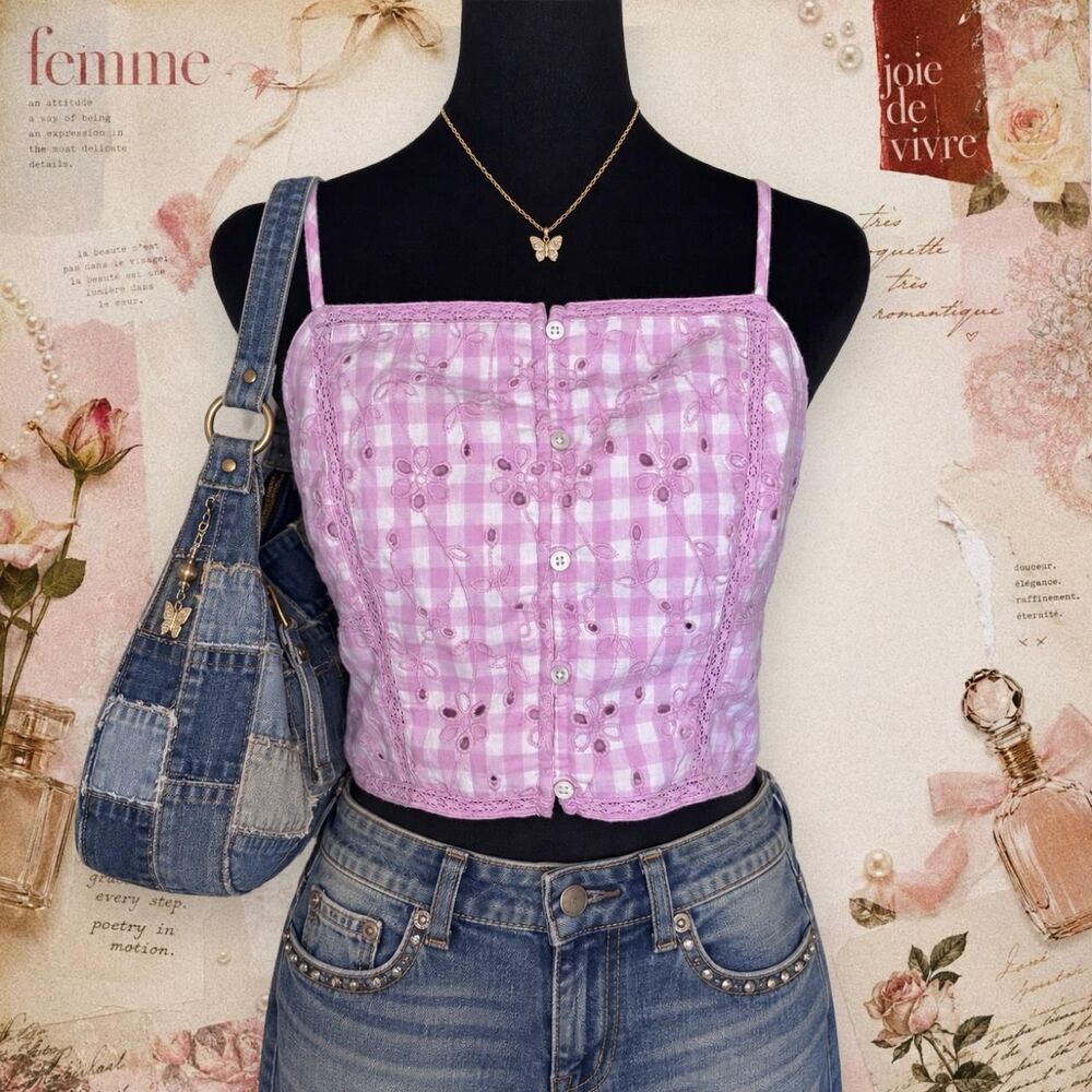 American Eagle Pink Gingham Floral  Embroidered Crop Top